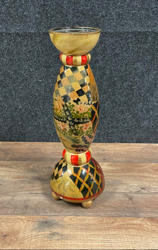 Vintage Hand Painted Wood Candle Holder Tall Eclectic Checkerboard Floral 15"
