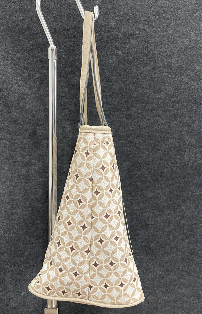 Dana Buchman Cream White Green Geometric Pattern Leather Tote Handbag