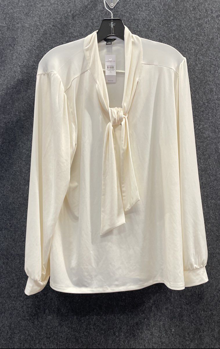 Ann Taylor Women's White Tie Neck Long Sleeve Blouse Size XL NWT