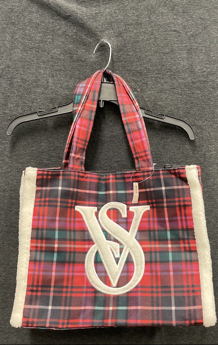 Victoria's Secret Red Plaid Sherpa Trim VS Logo Tote Bag NWT