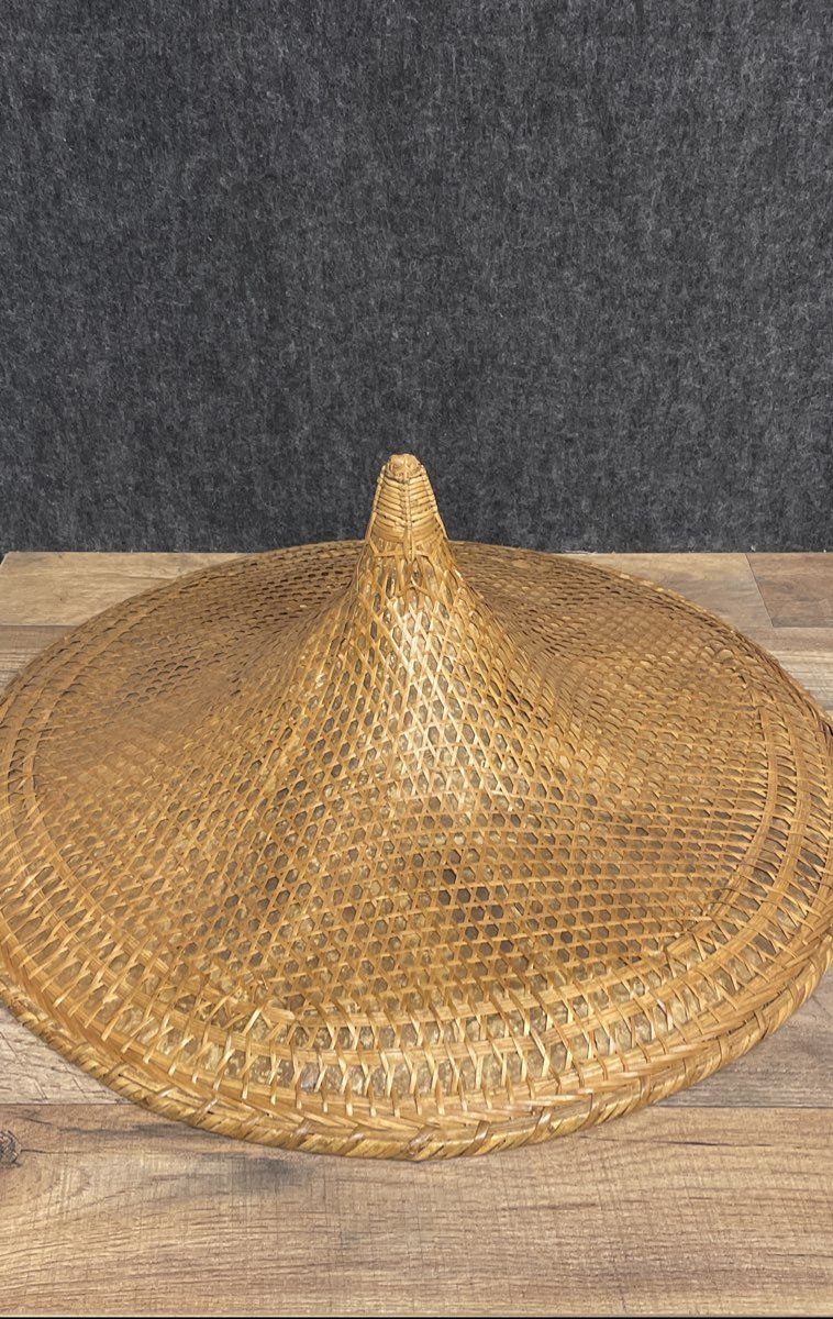 Vintage Tan Woven Bamboo Asian Conical Rice Farmer Sun Hat Large