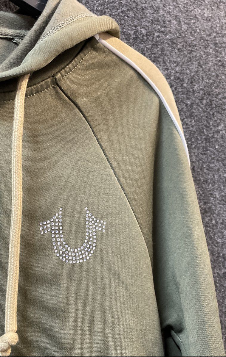 True Religion Women's Green Cropped Zip Up Hoodie Rhinestone Sunburst Logo Sz S