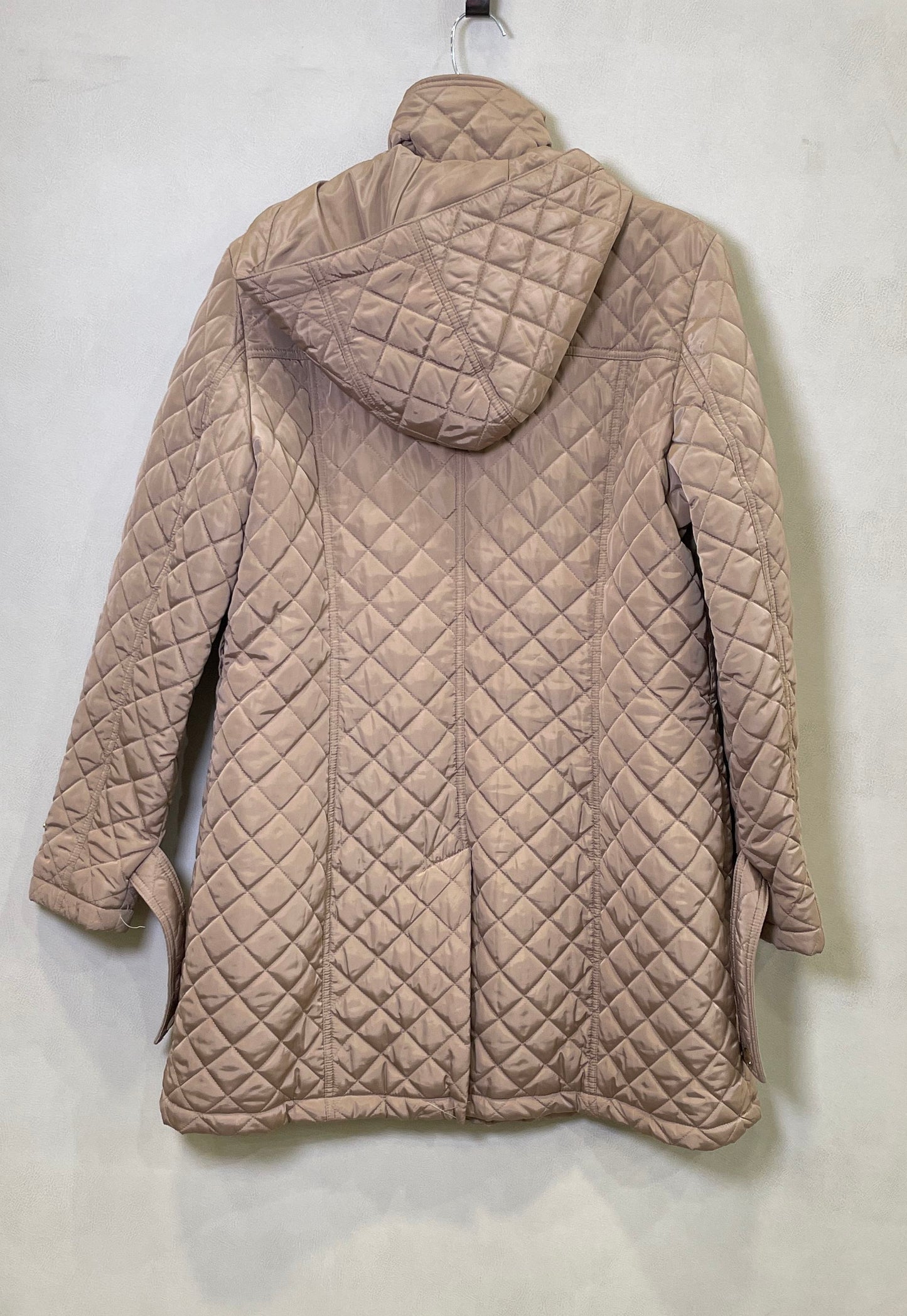 Michael Kors Women's Quilted Jacket Taupe Tan Belted Hooded Gold Hardware Sz L