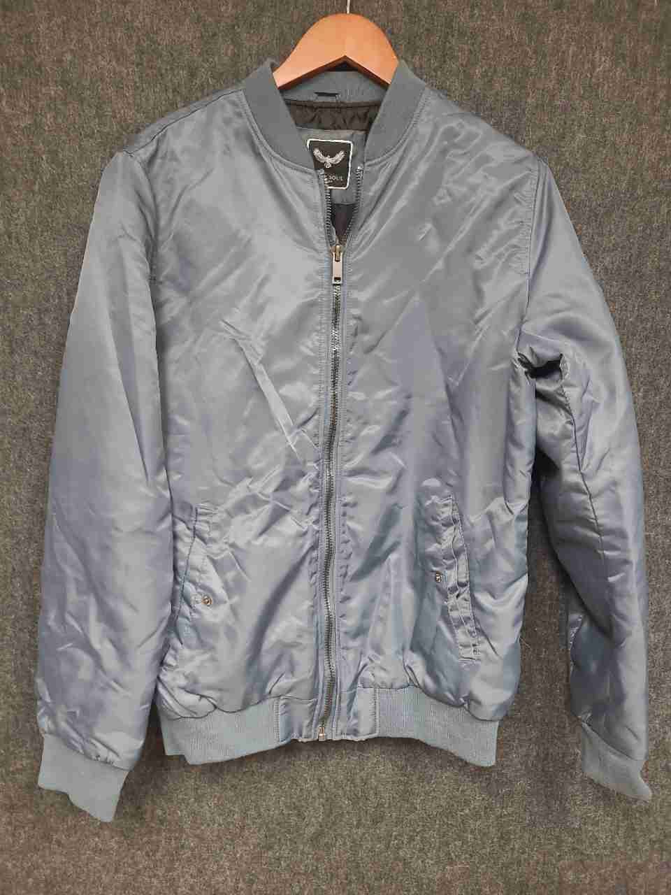 Brave Soul Men's Gray Satin Full Zip Bomber Jacket Ribbed Trim Size M