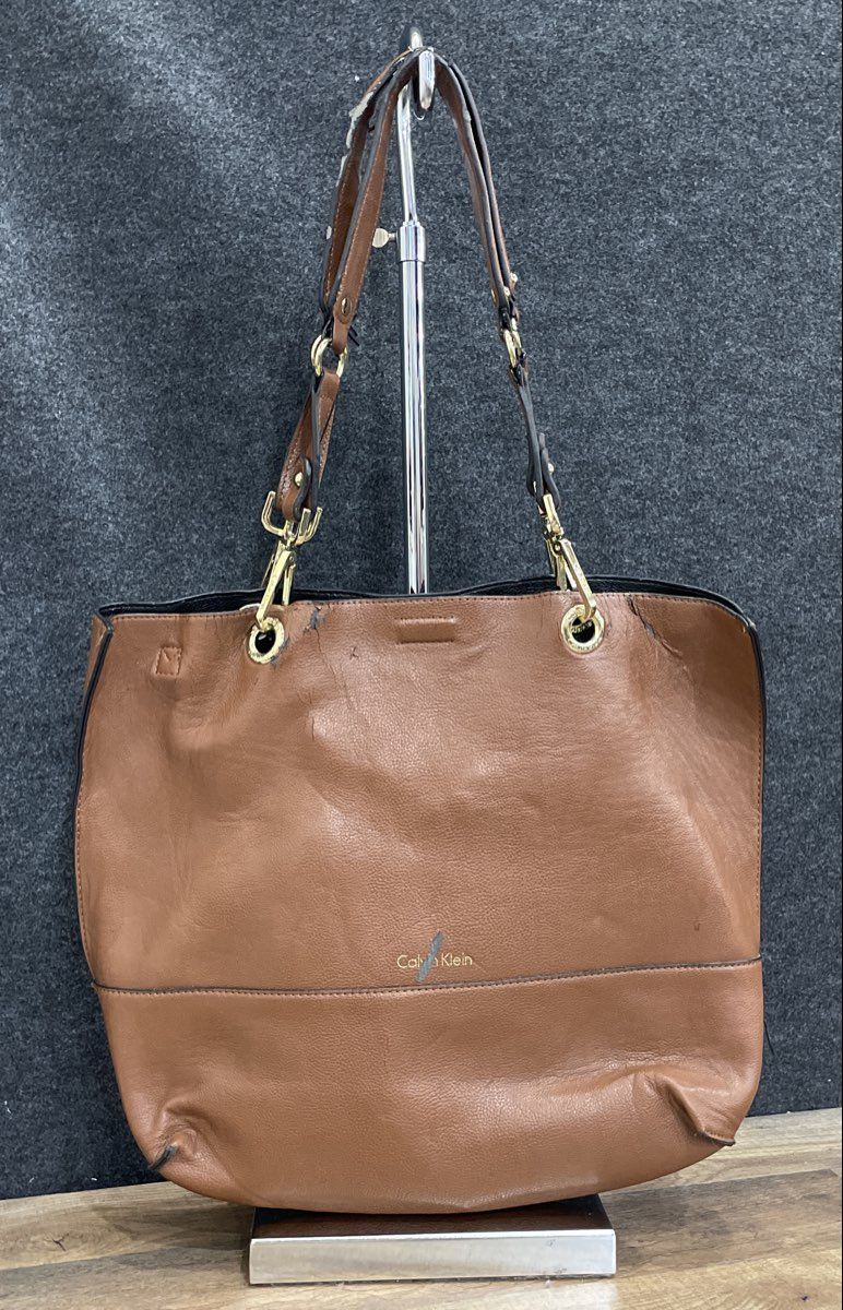 Calvin Klein Brown Pebbled Leather Tote Bag with Removable Pouch Gold Tone