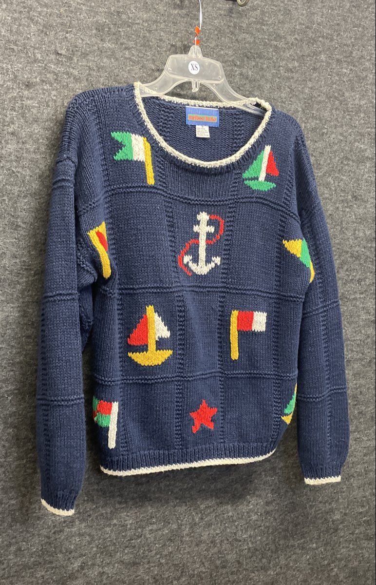 Vintage 90s Melissa Burke Women's Nautical Navy Anchor Sailboat Sweater Sz M