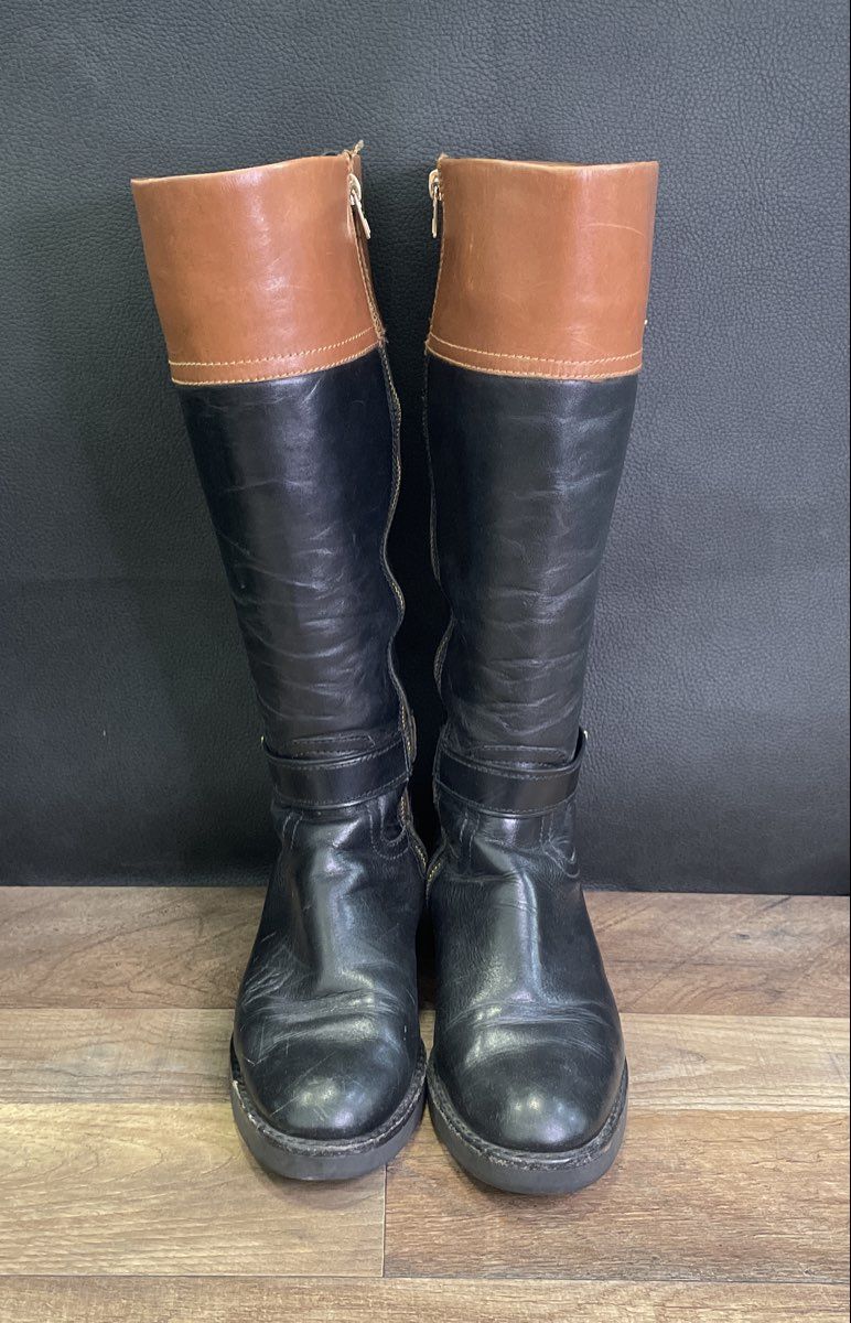 Coach Eva Extended Calf Black Tan Leather Riding Boots Women's Size 6.5B