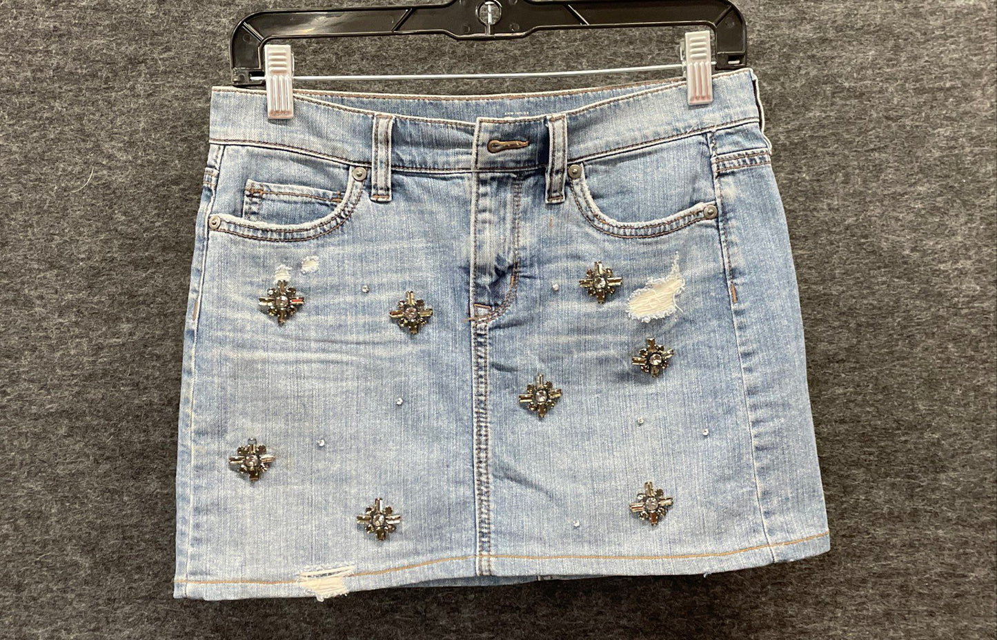 Loft Women's Blue Denim Mini Skirt Crystal Beaded Distressed Sz 00