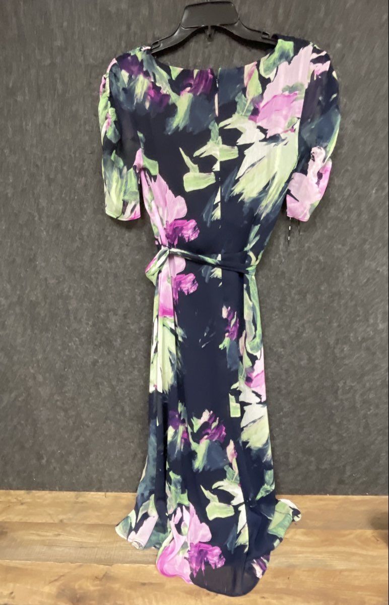 DKNY Women's Navy Blue Pink Floral Faux Wrap V-Neck Short Sleeve Dress Sz 4