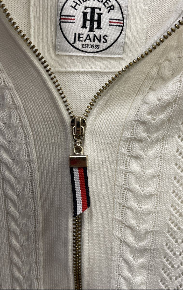 Tommy Hilfiger Jeans Women's White Cable Knit Pointelle Zip Up Hoodie Sweater L