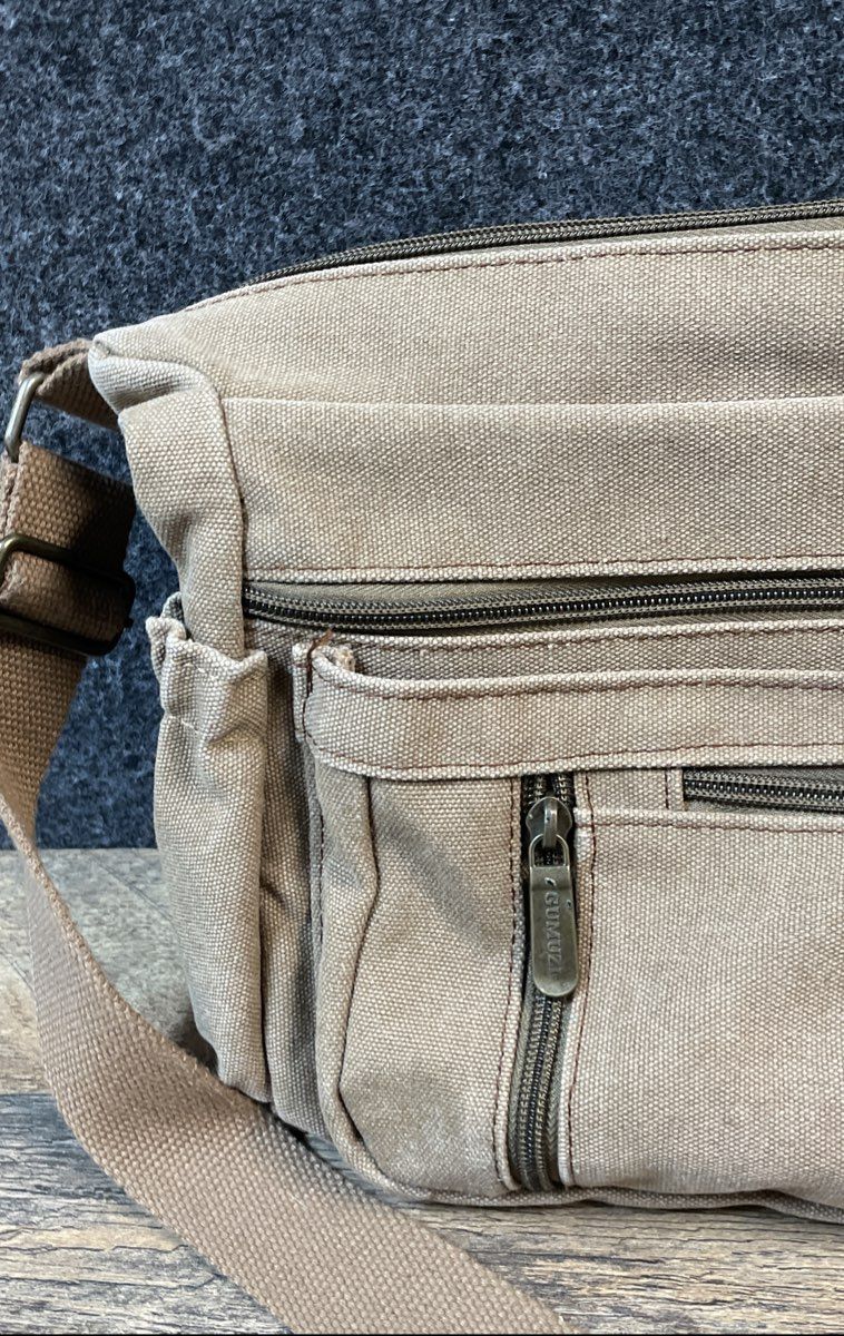 Gumuzi Tan Canvas Multi-Pocket Crossbody Messenger Bag Adjustable Strap
