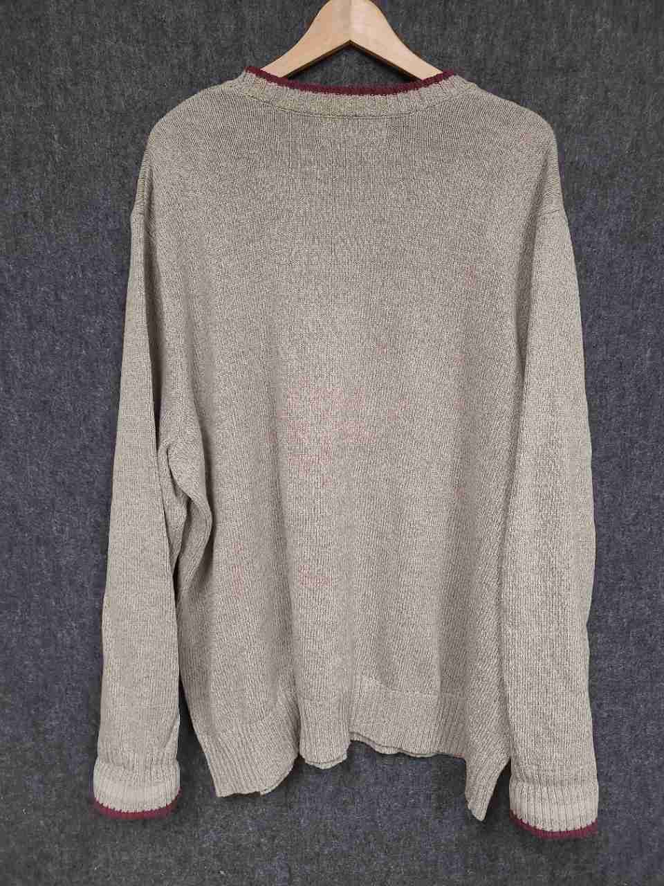 Eddie Bauer Men's Beige 100% Cotton Crewneck Sweater Burgundy Trim Sz 2XL