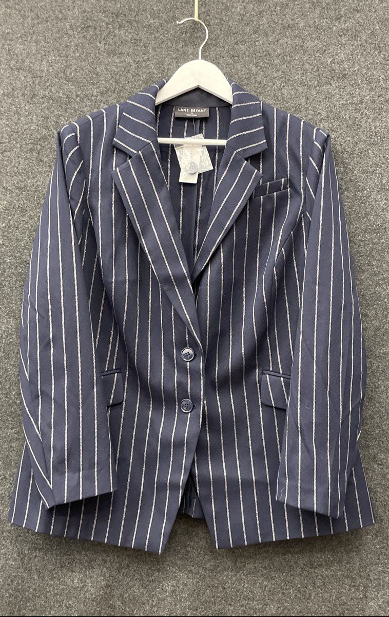 Lane Bryant Women's Navy Pinstripe Blazer Jacket Metallic Stripe Sz 12 NWT