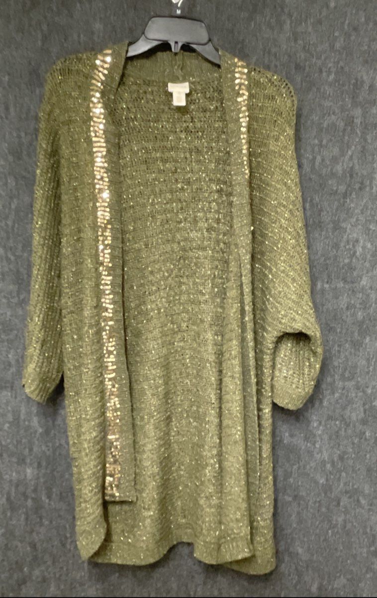 Chico's Women's Olive Green Metallic Sequin Trim Open Front Cardigan Sz 3