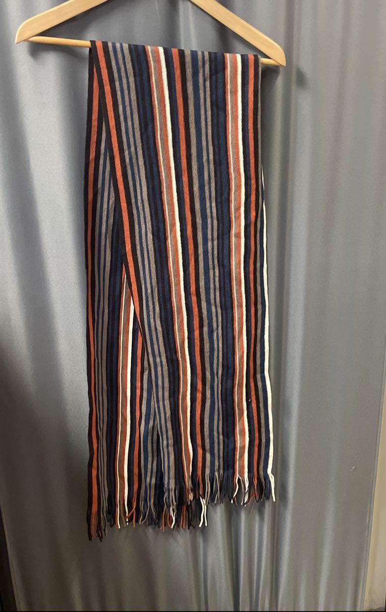 Le Ferre Unisex 100% Pure Wool Striped Scarf Earth Tones Orange Navy Gray Fringe