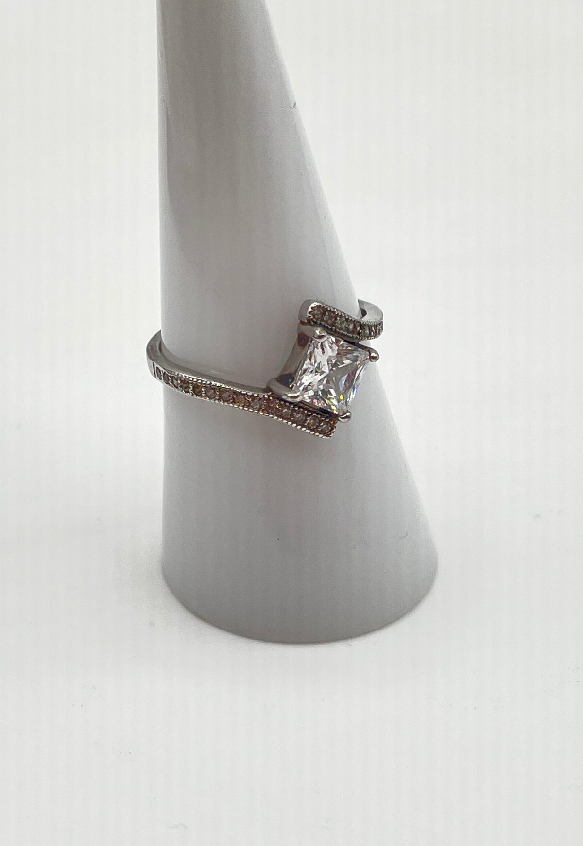 925 Sterling Silver Princess-Cut CZ Half Pavé Bypass Ring 1.9g