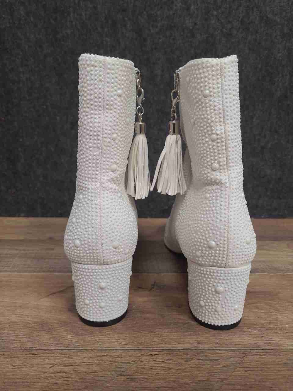 White Faux Pearl Embellished Ankle Boots Pointed Toe Block Heel Women's Size 9