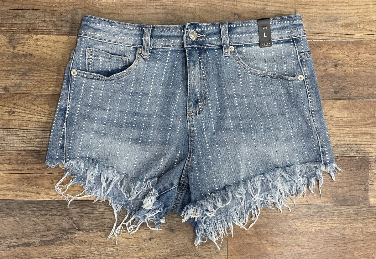 Akira Women's Medium Blue Rhinestone Frayed Denim Shorts Sz L NWT