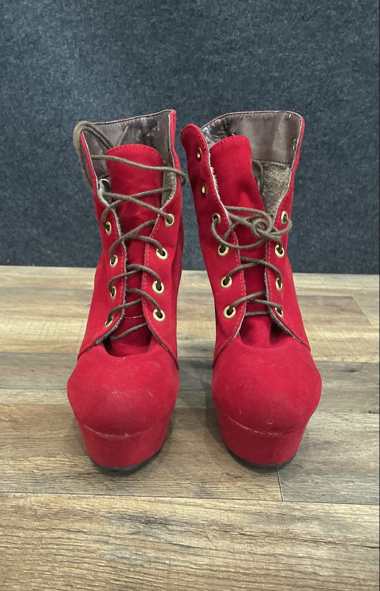 Vero Cuoio Red Faux Suede Platform Ankle Boots Lace Up Stiletto Heels Size 245