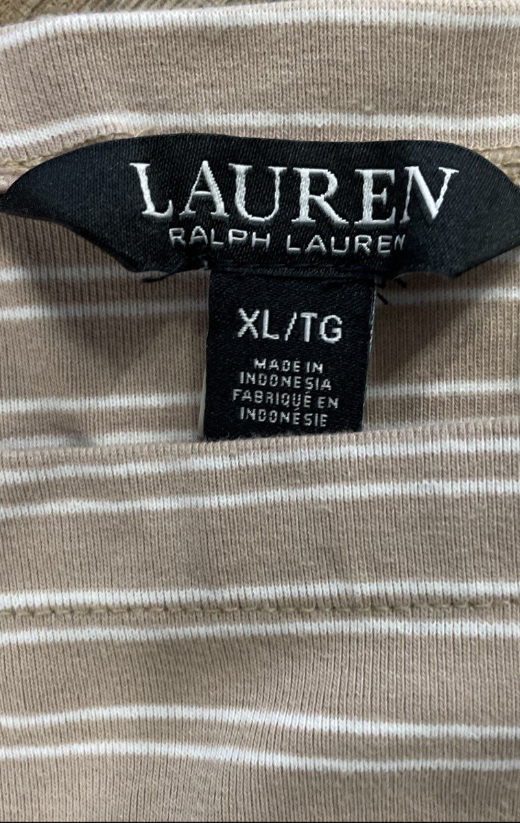 Lauren Ralph Lauren Women's Tan White Striped Boat Neck 3/4 Sleeve Shirt Sz XL