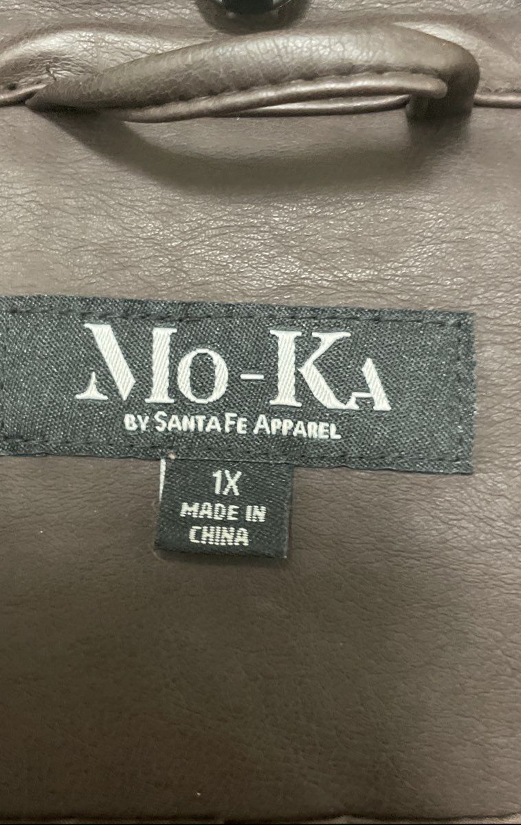Mo-Ka Women's Brown Faux Leather Band Collar Mixed Media Zip Jacket Sz 1X
