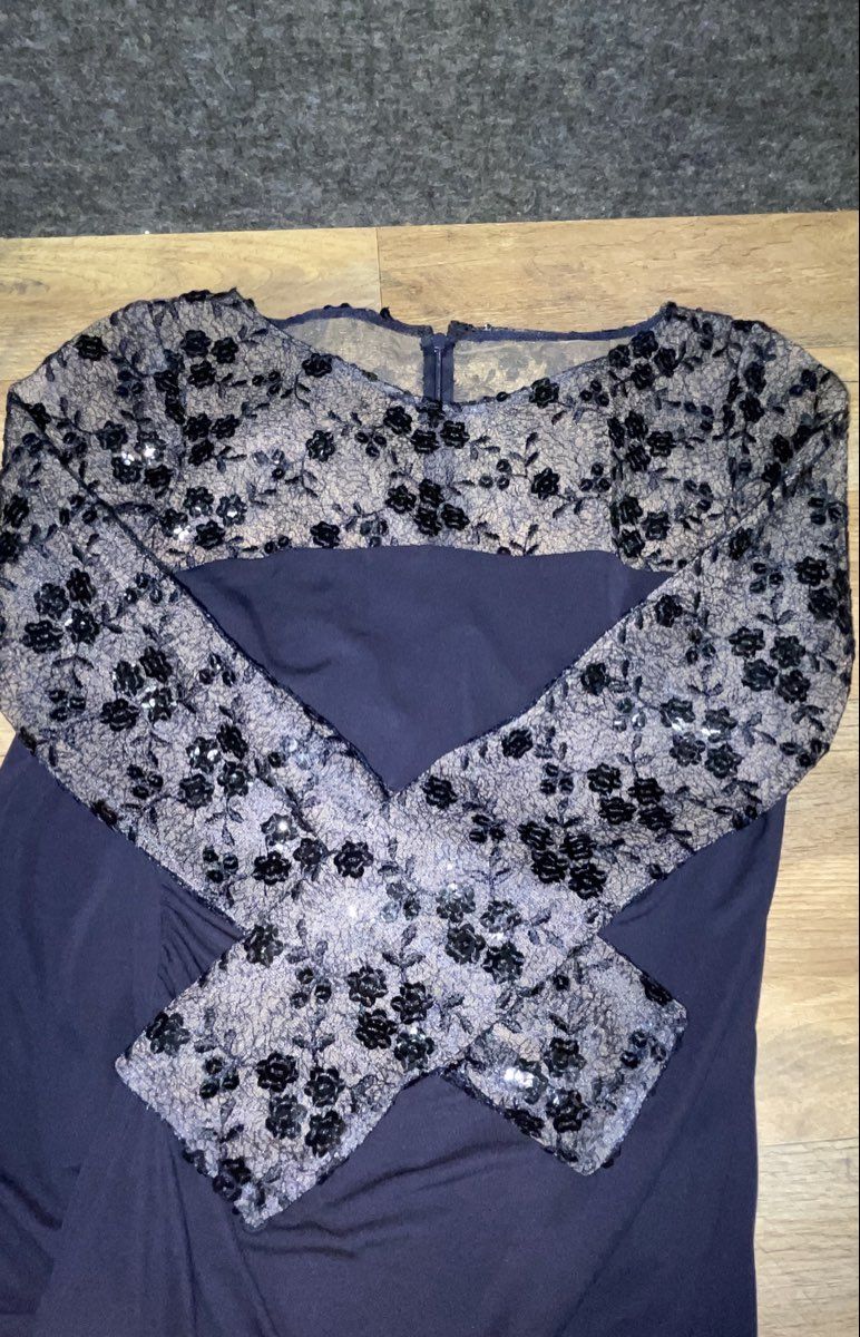 David Meister Navy Blue Floral Sequined Lace Top Ruched Sheath Dress Size 2