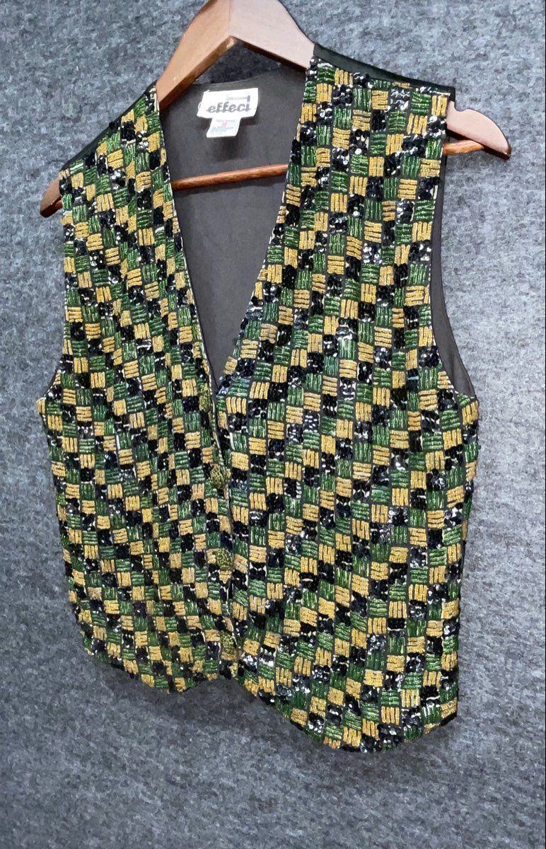 Effeci Women's Vintage 90s Beaded Sequined Checkerboard Evening Vest Sz M