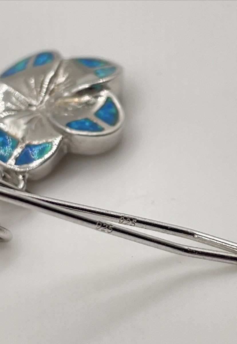 925 Sterling Silver Blue Opal Inlay Plumeria Flower Dangle Earrings 6.4g