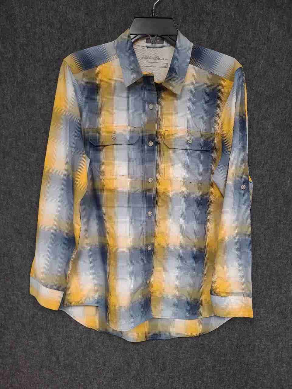 Eddie Bauer Women's Yellow Blue Plaid Vented Roll Tab Long Sleeve Shirt Sz S