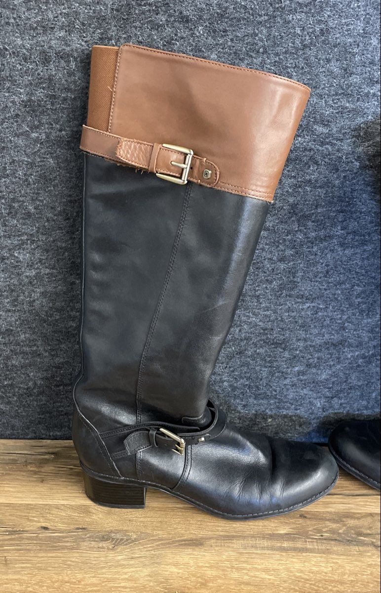 Bandolino Coppa Two-Tone Black Brown Leather Riding Boots Women's Size 7.5