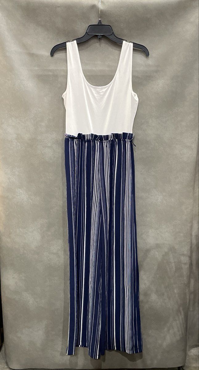 Lily Rose Women's Navy Blue Ivory Striped Wide Leg Sleeveless Jumpsuit Sz M