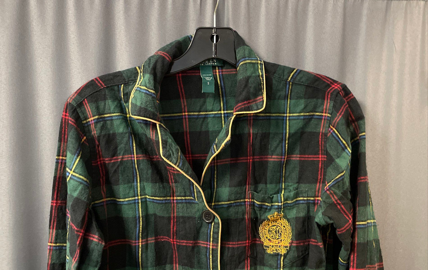 Lauren Ralph Lauren Women's Green Plaid Cotton Pajama Set Crest Sz S