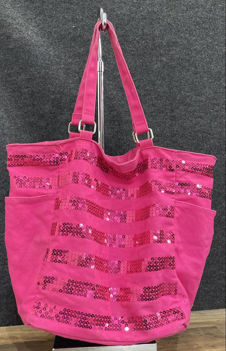 Victoria's Secret Pink Canvas Sequin Stripe Tote Bag Large Silver Hardware
