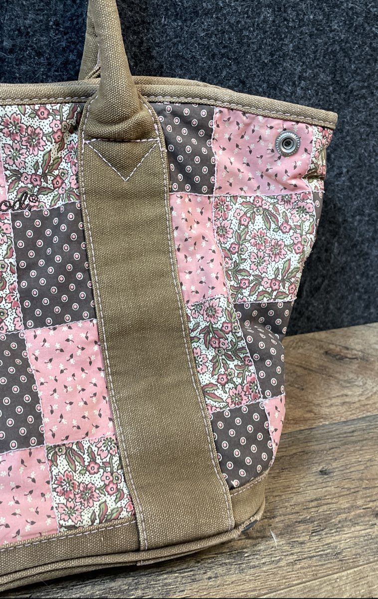Life is Good Pink Brown Floral Patchwork Quilted Canvas Tote Bag