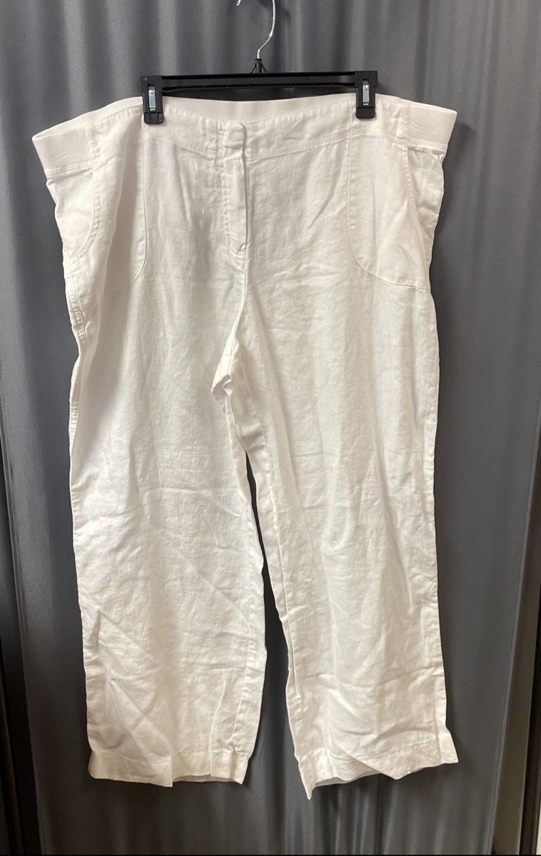 J. Jill Women's White Linen Straight Leg Elastic Waist Pocket Pants Sz 20