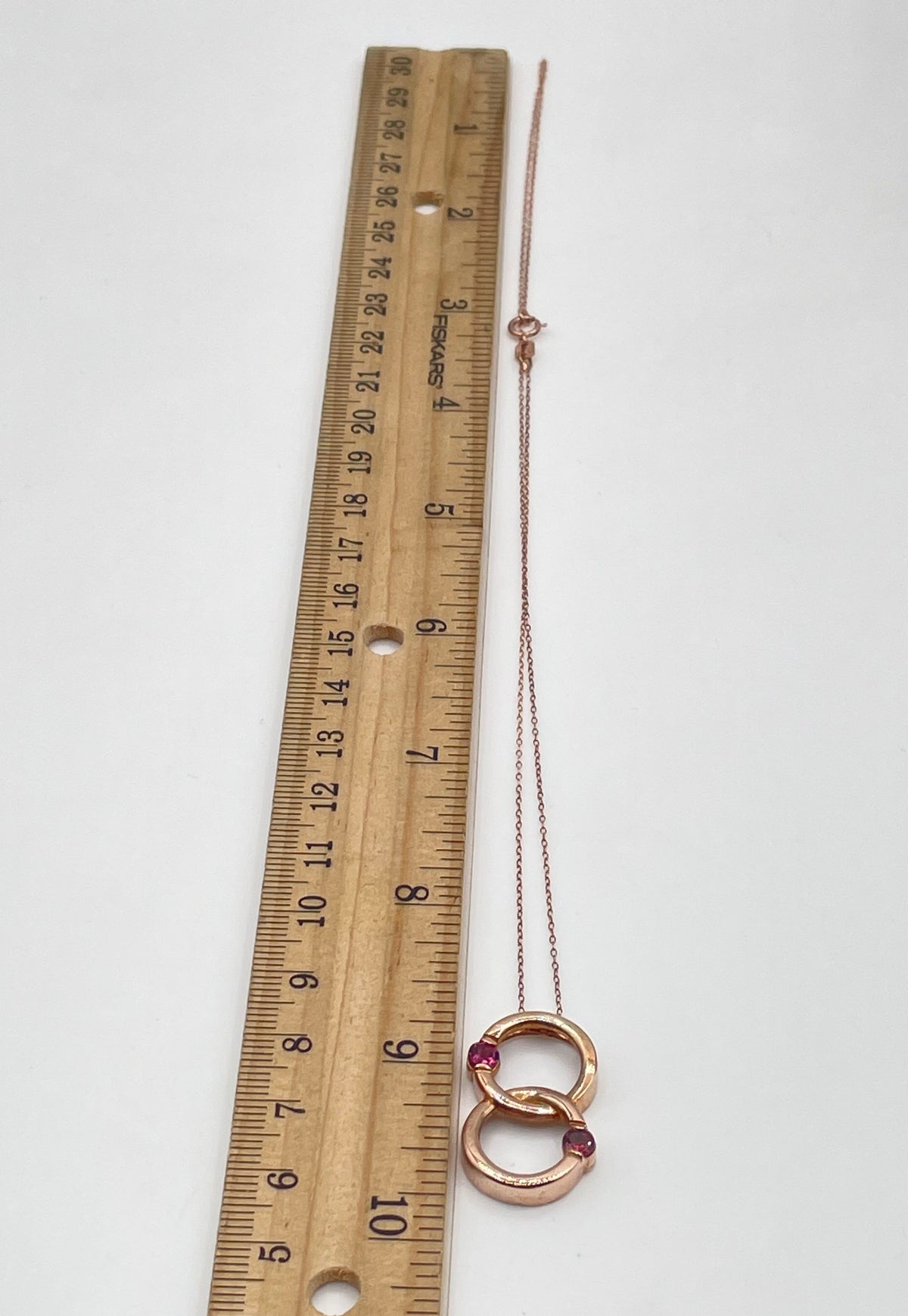925 Sterling Rose Gold Tone Pink Stone Interlocking Circles Pendant Necklace 4g