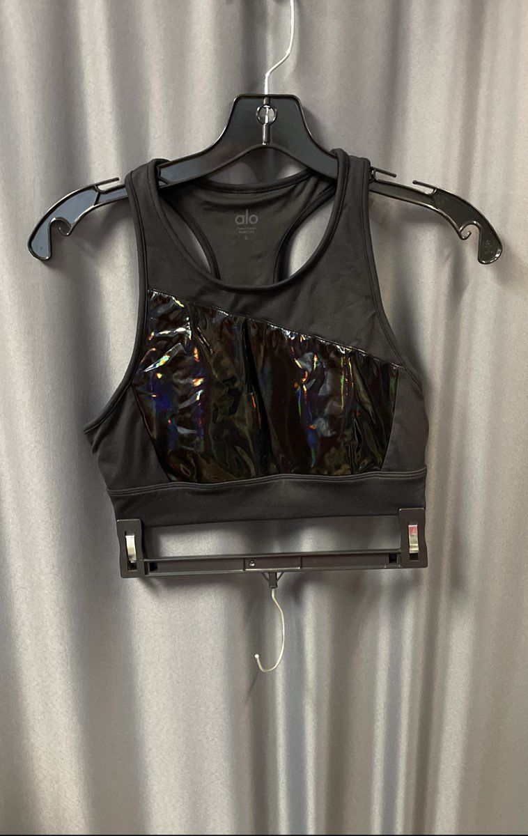 Alo Women's Moonlit Sports Bra Black Iridescent Holographic Racerback Sz S