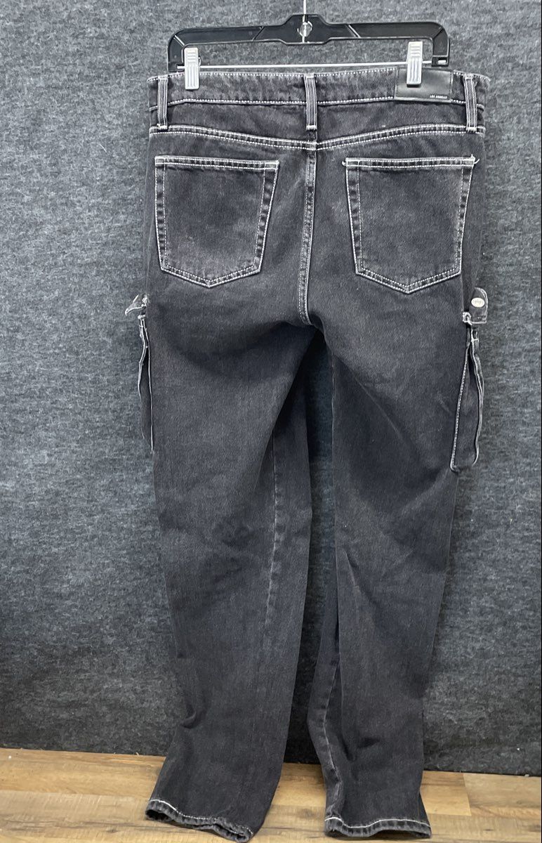 Forever 21 Men's Black Slim Cargo Jeans Contrast Stitching Washed Denim Sz 31