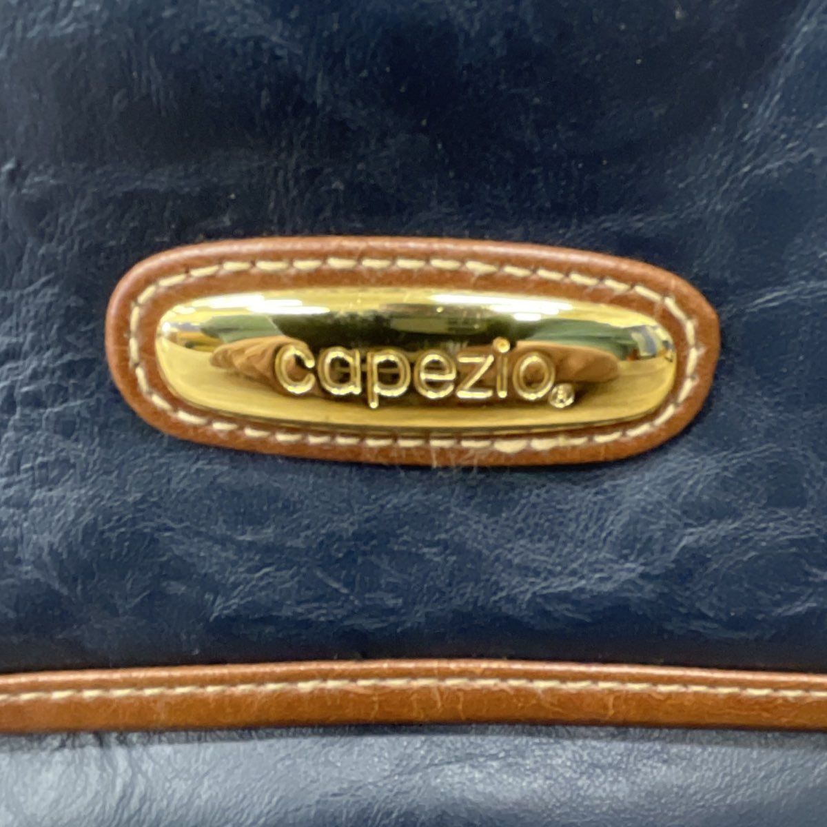 Vintage 80s Capezio Navy Blue Brown Leather Crossbody Bag Gold Hardware