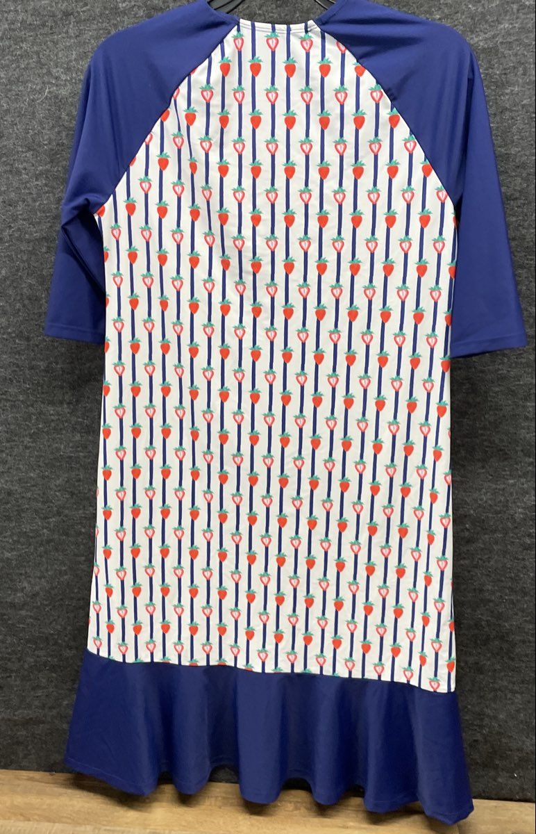 TRY Women's Strawberry Print Swim Cover Up Dress Blue Stripe Ruffled Tier Sz 18