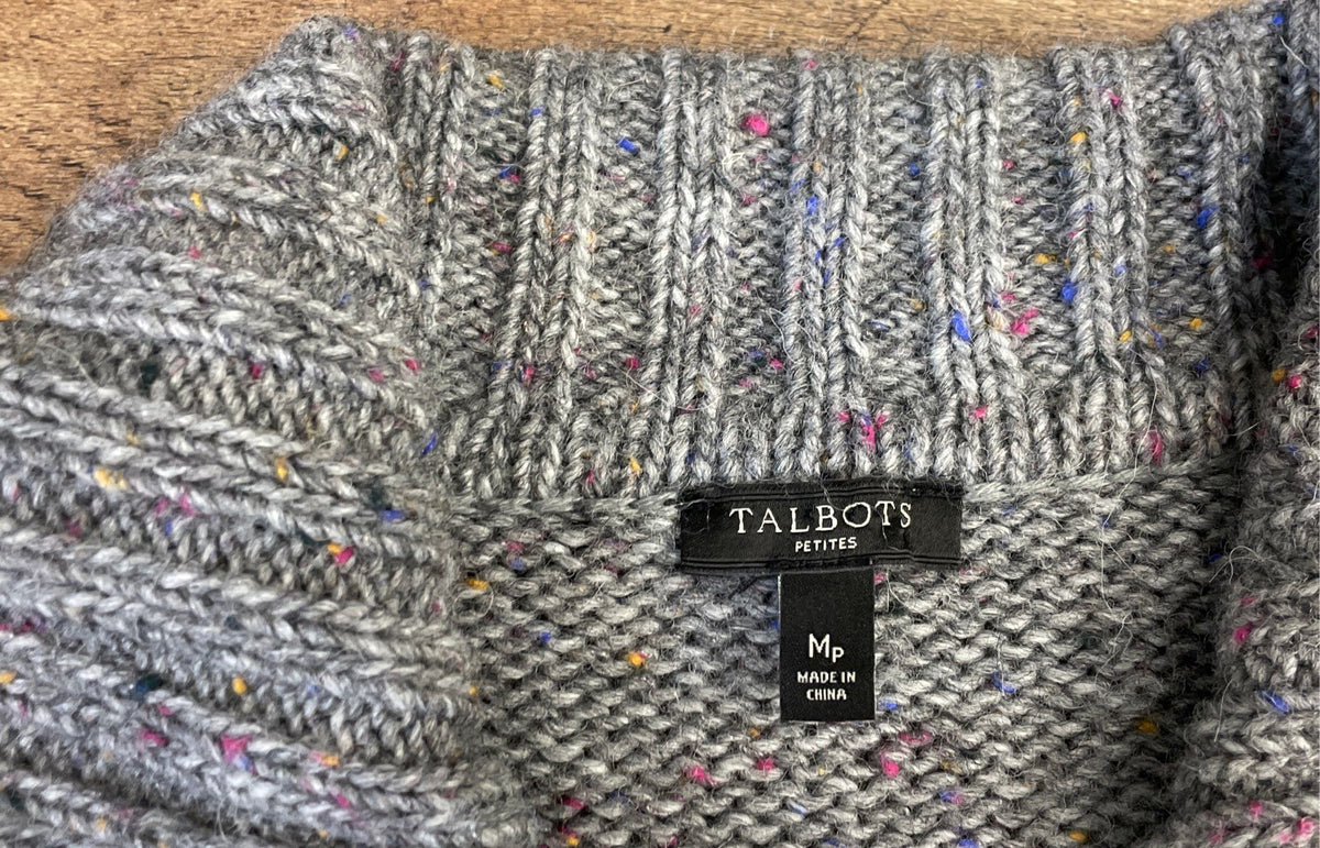 Talbots Women's Grey Wool Blend Confetti Tweed Striped Cardigan Sweater Sz MP