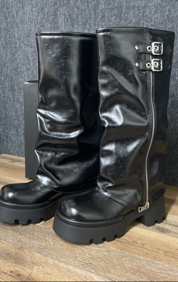 TEAIEUI Black Platform Moto Fold Over Knee High Boots Women's Size 6