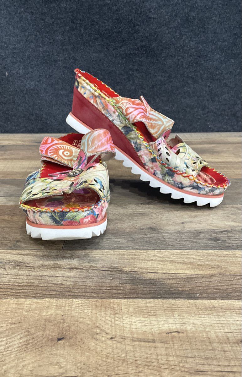 L'Artiste Spring Step Skater Red Multi Leather Platform Wedge Sandals Size 41
