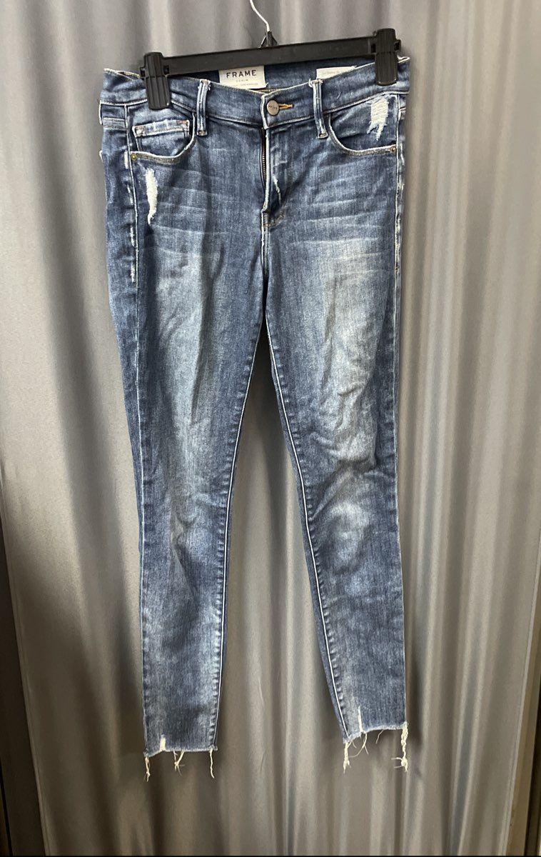 Frame Women's Le Skinny de Jeanne Jeans Blue Victoria Park Distressed Sz 27