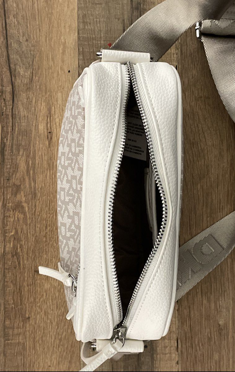 DKNY White Monogram Canvas Camera Crossbody Bag Silver Hardware