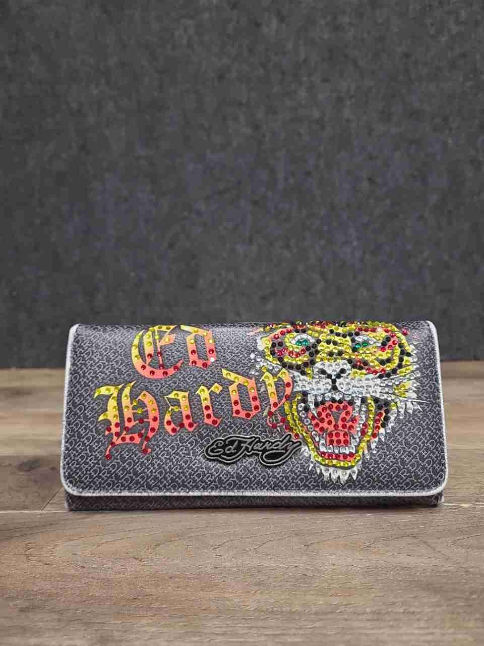 Ed Hardy Grey Vintage Y2K Tiger Rhinestone Trifold Long Wallet Clutch
