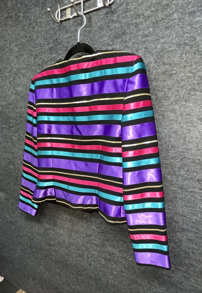 Vintage 80s Maggy London Evening Striped Metallic Gold Blazer Jacket Sz 10