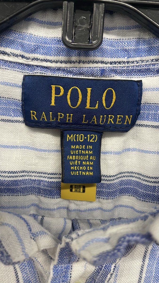 Polo Ralph Lauren Boys Blue White Striped Linen Short Sleeve Shirt Sz M 10-12