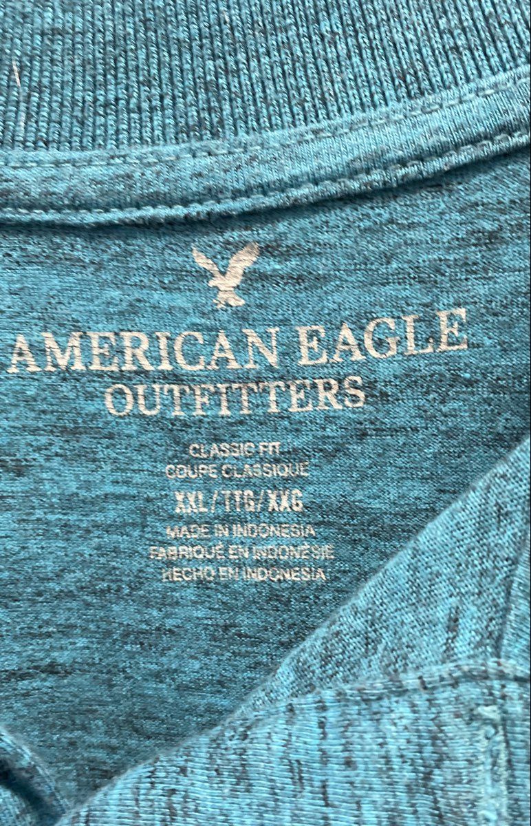 American Eagle Men's Teal Blue Heathered Raglan Short Sleeve Polo Shirt Sz XXL
