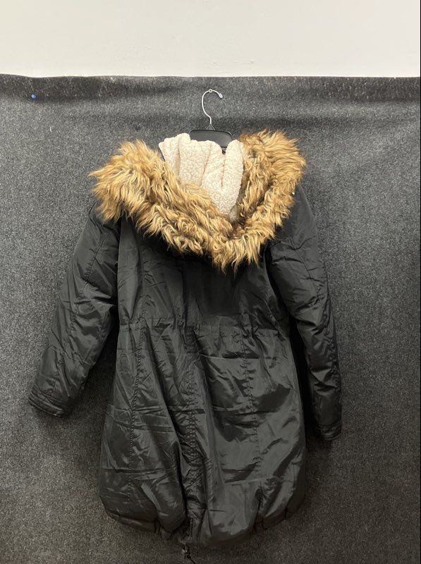 bebe Women's Parka Coat Black Faux Fur Hood Sherpa Lined Quilted Sz S